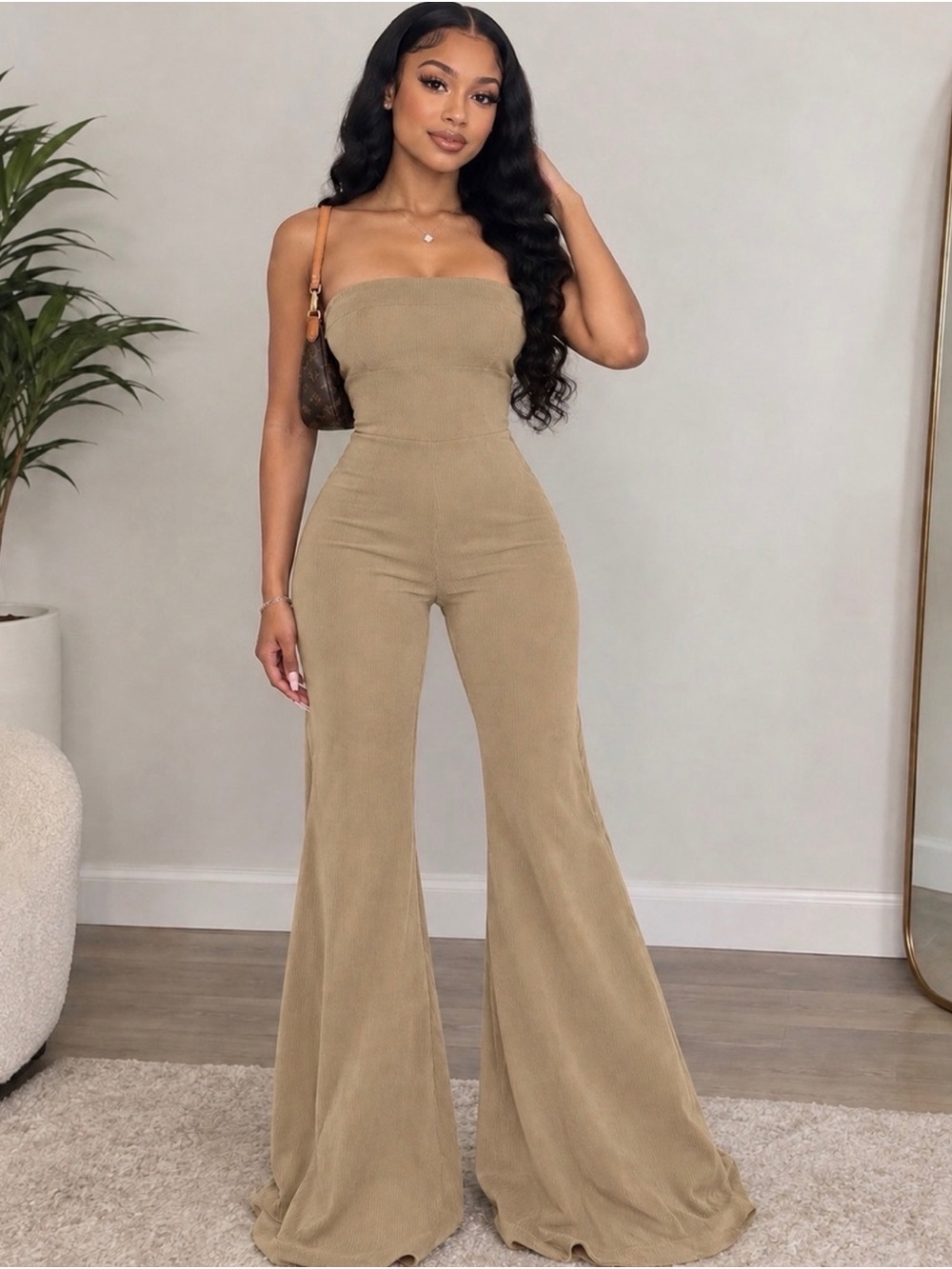 Strapless Wide-Leg Jumpsuit in Taupe